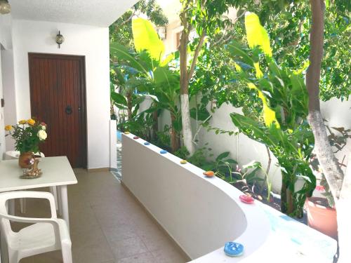 a garden with trees and a white wall at Kastro Studios Apartments in Myrtos