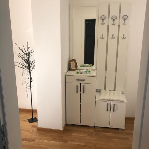 a bathroom with a sink and a mirror at Apartman Tara Jagodina, ima free parking u garazi in Jagodina
