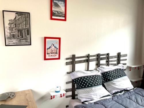 a bedroom with a bed with black and white pillows at Studio atypique Le Mans in Le Mans