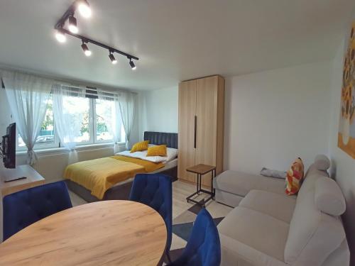 sala de estar con cama y sofá en Apartament Zabrze Grzybowska, en Zabrze