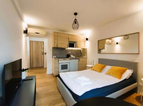 1 dormitorio pequeño con 1 cama y cocina en Apartamenty Ziębicka 2 en Poznan