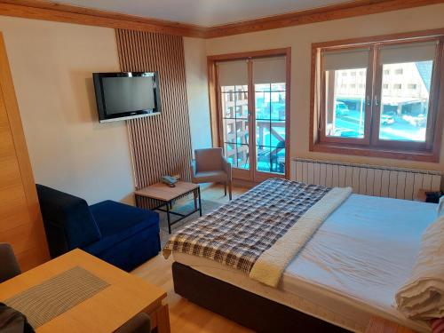 a bedroom with a bed and a tv and a chair at Apartment 216 NiM Vučko in Jahorina