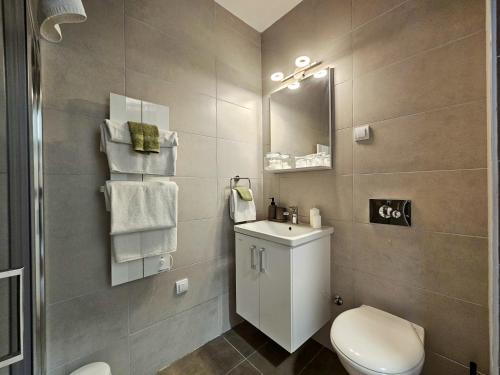 a bathroom with a toilet and a sink and a mirror at Roman Apartman in Sremska Mitrovica