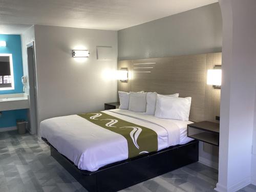 普萊森頓的住宿－Pleasanton Executive Inn，酒店客房带一张大床,带白色床单