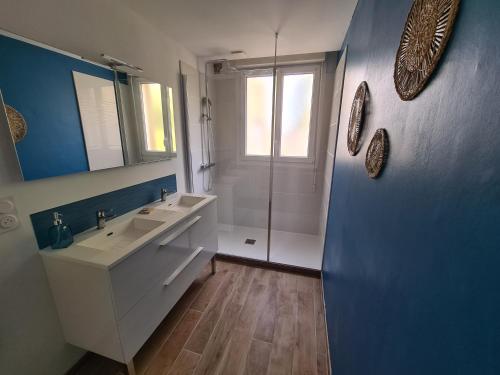 une salle de bain avec un lavabo et une douche en verre dans l'établissement Maison de vacances Ty Hortensia, à Ploumoguer