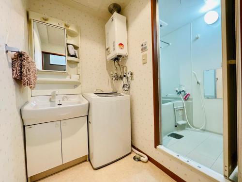 La petite salle de bains est pourvue d'un lavabo et d'une douche. dans l'établissement 大通公園1分　新規募集　6-2サービスアパートメントSAPPORO大通西6-2エアコン完備！ネット無料利用, à Ōdōri