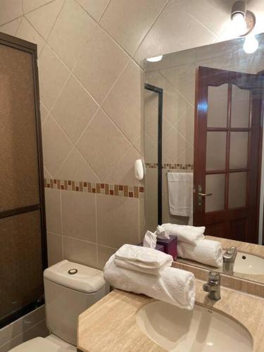 a bathroom with a sink and a toilet and a mirror at Excelente ubicación Cochabamba in Cochabamba