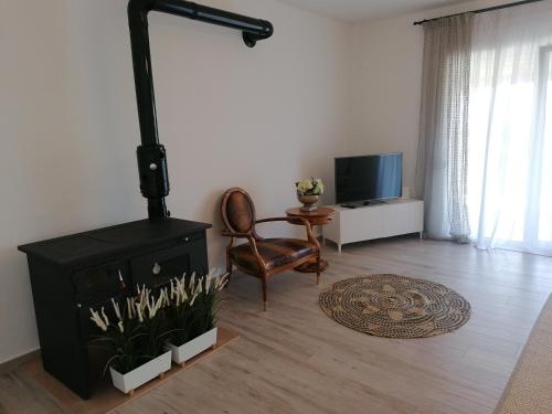 a living room with a black stove and a chair at Albina's luxury Villa 3 bedroom in Hanioti