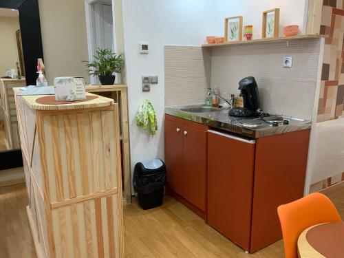 a small kitchen with a sink and a counter at Family lodg in Calais