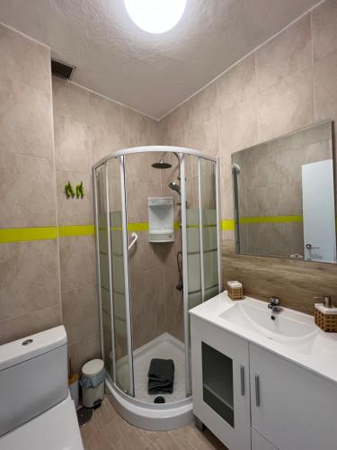 een badkamer met een douche en een wastafel bij Precioso Apto con vistas al Parque Nacional Doñana in Chipiona