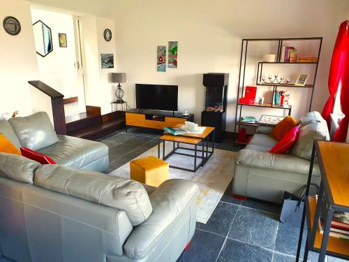 a living room with couches and a flat screen tv at Cosy cottage at the sea in Valentia Island