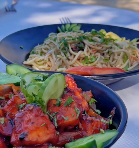 twee blauwe borden met noedels en groenten bij Meera Valley Resort By Nexottel in Udaipur