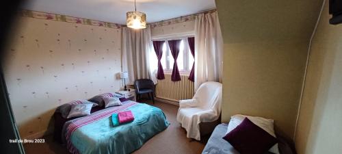 a bedroom with a bed and a chair and a window at Les Trois chambres de LYLY situées a Brou in Brou