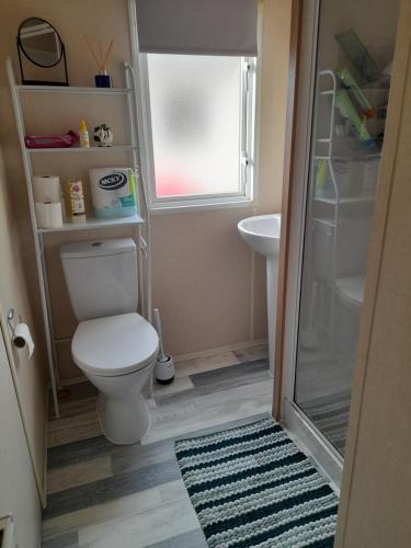 a small bathroom with a toilet and a sink at Arnies Place in Longridge
