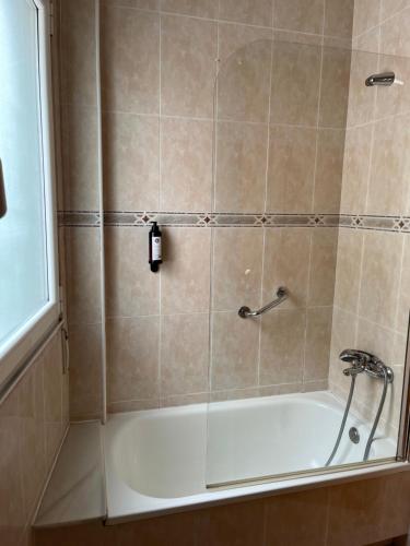 a bathroom with a shower with a white tub at Pensión Arenas Palas in Palas de Rei
