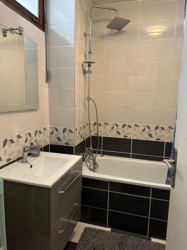 une salle de bain avec un lavabo, une baignoire et une douche dans l'établissement T4 au coeur des Alpes, à Bonneville