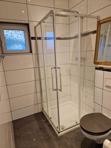 a bathroom with a shower and a toilet at Haus im Grünen in Stemwede