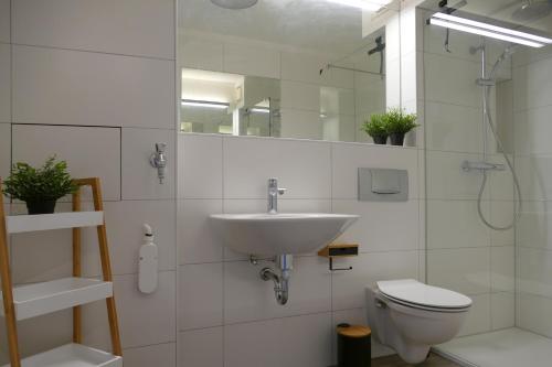 a white bathroom with a sink and a toilet at Karls Apartment - B24 in Gera