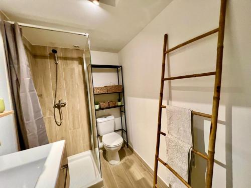 a small bathroom with a shower and a toilet at Petit Studio Charmant in Toulon