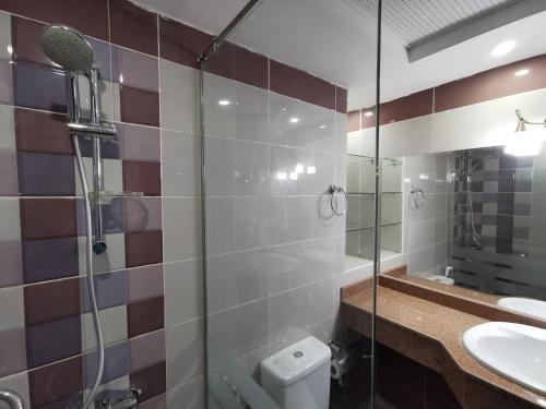 a bathroom with a shower and a toilet and a sink at Cecelia resort in Hurghada