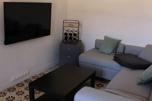 uma sala de estar com um sofá e uma televisão em Bienvenue dans notre Gîte de Saint-Roch em Padern