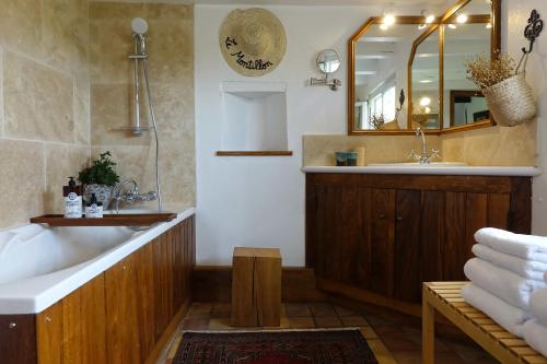 een badkamer met een bad, een wastafel en een spiegel bij Le Montillon in Tour-en-Sologne