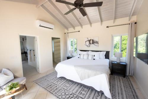 1 dormitorio con cama blanca y ventilador de techo en Villa III, en Lance aux Épines