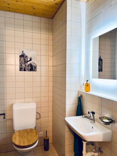 La salle de bains est pourvue de toilettes et d'un lavabo. dans l'établissement Alpenresidenz - CharmingStay, à Flumserberg