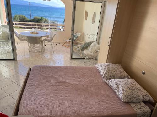 - une chambre avec un lit et une vue sur l'océan dans l'établissement Superbe Pieds dans l eau ajaccio face à la mer plage de sable fin route des îles des sanguinaires, à Ajaccio