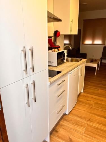 cocina con armarios blancos y microondas en Apartamentos El PELIGRO 2 LAHIVE en Archidona