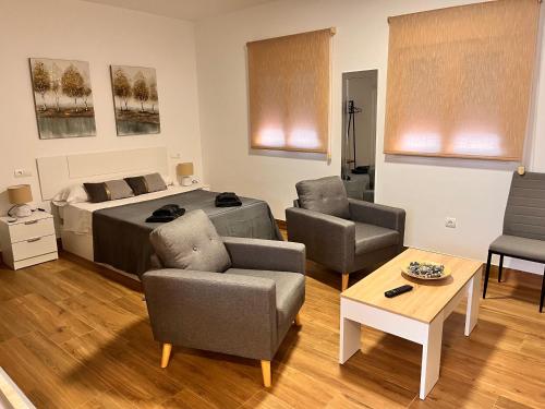 um quarto com uma cama, 2 cadeiras e uma mesa em Apartamentos El PELIGRO 2 LAHIVE em Archidona