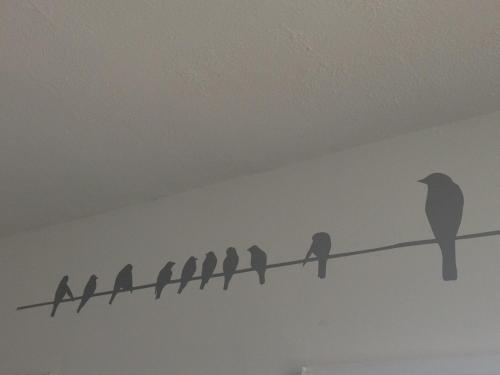 a group of birds sitting on a wire on a wall at Invergarry Room Only Guest House For Adults in Windermere