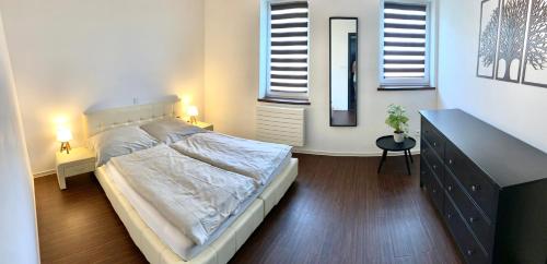 a bedroom with a bed and a dresser and two windows at Psí bouda Benecko in Benecko