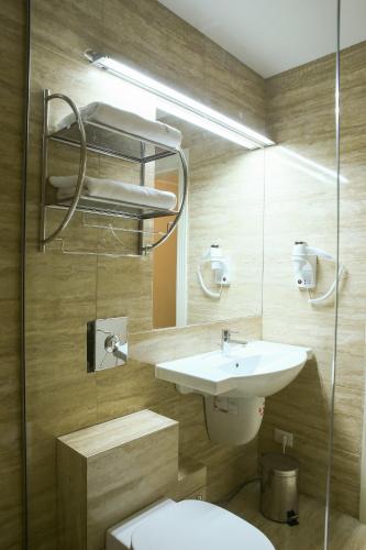 a bathroom with a sink and a toilet at Hotel Montana in Vişeu de Sus