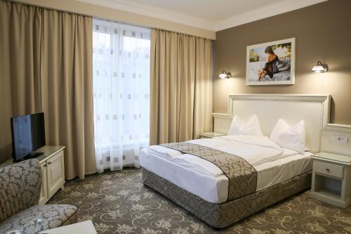 une chambre d'hôtel avec un lit et une télévision dans l'établissement Hotel Montana, à Vişeu de Sus