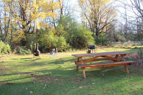 un tavolo da picnic e un tacchino in un campo di Adirondack Country Living Tiny House Village a Canton