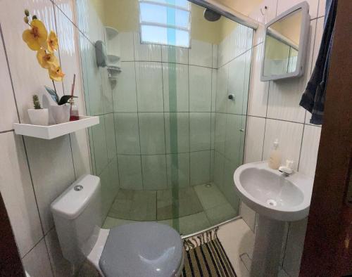 a bathroom with a shower and a toilet and a sink at Casa Boto Tucuxi 2 in Novo Airão