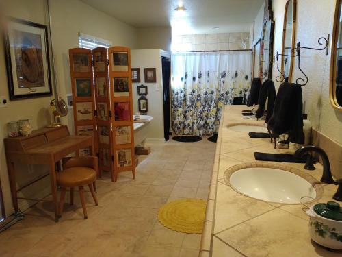 a bathroom with a sink and a counter with a mirror at Black Star Ranch Vineyard in Pahrump