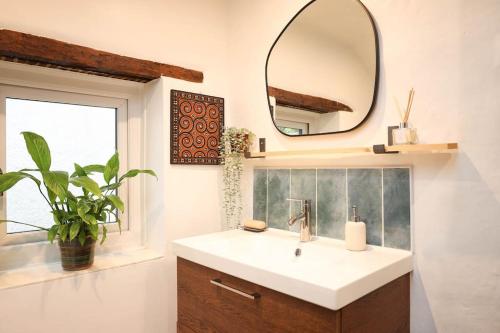 a bathroom with a sink and a mirror at May Cottage, Sofa Bed, Garden 