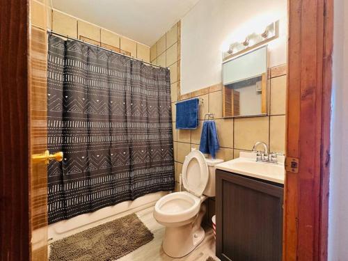 W łazience znajduje się toaleta, umywalka i prysznic. w obiekcie Greater Grand Crossing/Hyde Park w Chicago