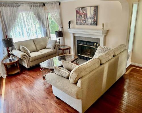 a living room with a couch and a fireplace at Crescent Heights Majesty in Calgary
