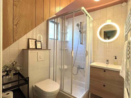 une salle de bain avec une douche, des toilettes et un lavabo dans l'établissement Maison de charme rénovée avec terrasse, centre de Thann, proche vignobles et randonnées - FR-1-744-35, à Thann