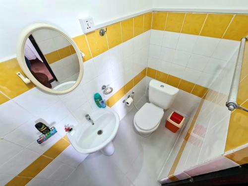 a bathroom with a toilet and a sink and a mirror at Hello Kandy Homestay in Kandy
