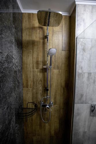 a shower in a bathroom with a wooden wall at Alpasio Rentals 2 in Galaţi
