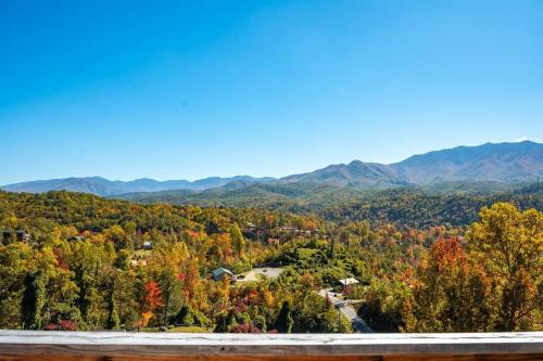 uma vista para uma floresta no outono em Modern Cabin near Smoky Mountain National Park em Gatlinburg