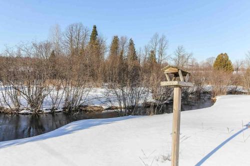 a bird feeder in the snow next to a river at Farm House in Coldwater