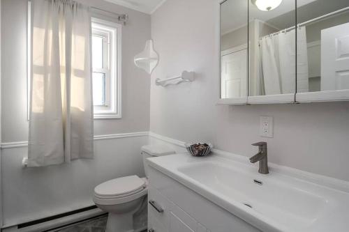 a white bathroom with a toilet and a sink at Farm House in Coldwater