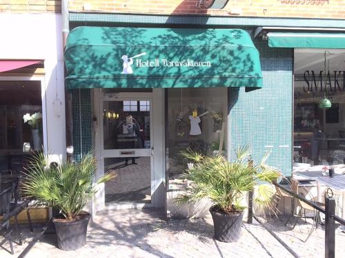 a store front with a green awning and two plants at Cameo Boutique Hotell in Ystad