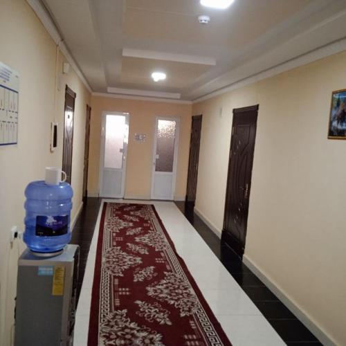 a hallway with a red rug and a water bottle on the floor at HOTEL ABU BAKIR in Denov