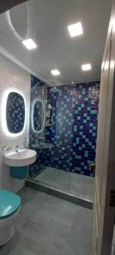 a bathroom with a shower and a toilet and a sink at Luxury,2 level penthouse in Tsakhkadzor in Tsaghkadzor